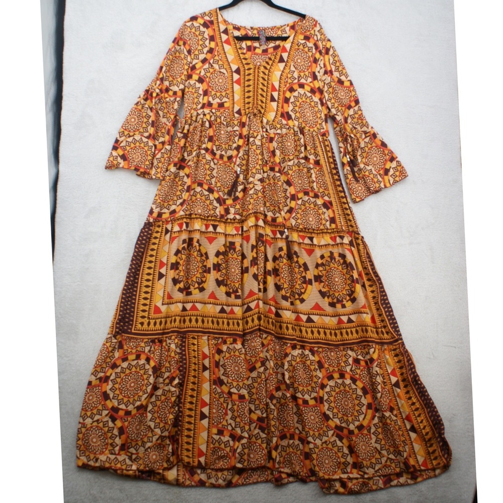 Me 2 Magic Women Boho Geometric Mandala Print Tiered Maxi Dress Orange Brown M